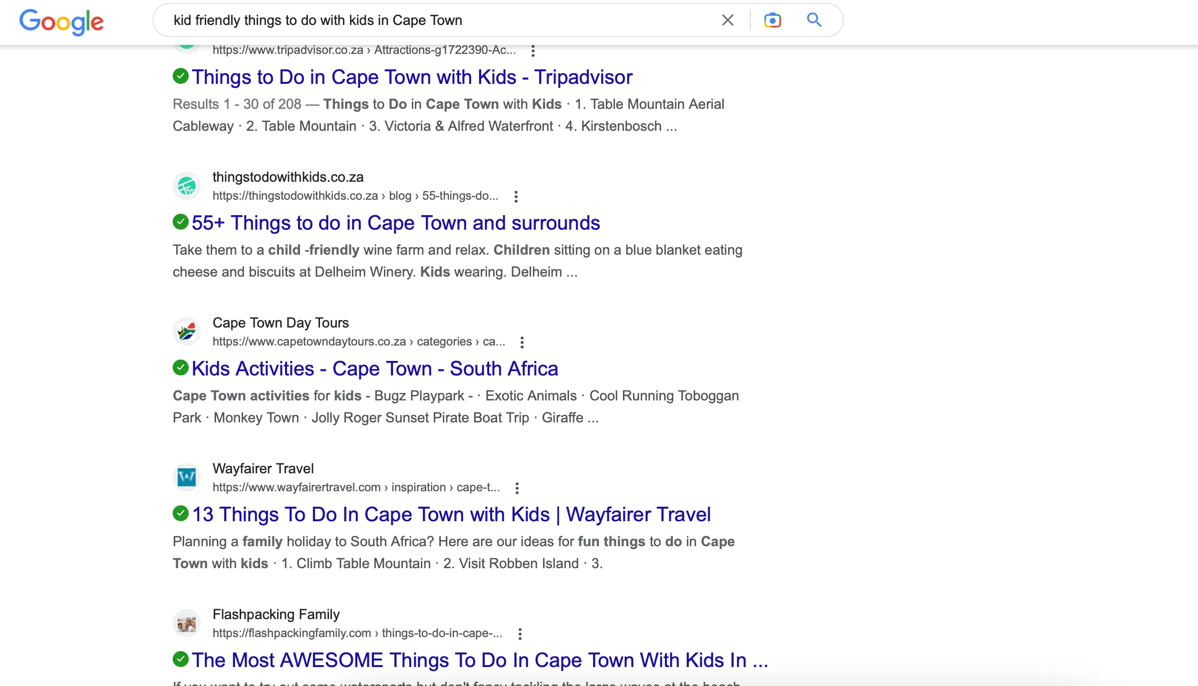 Google search for kid friendly activities to do in Cape Town