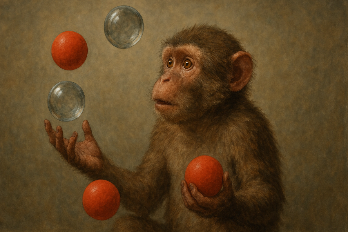 A monkey juggling rubber + glass balls